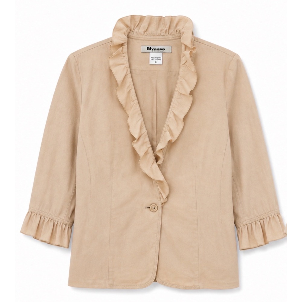Nygard Collection Beige Ruffle Blazer Jacket 3/4 Sleeve Tan Women 16 Linen blend